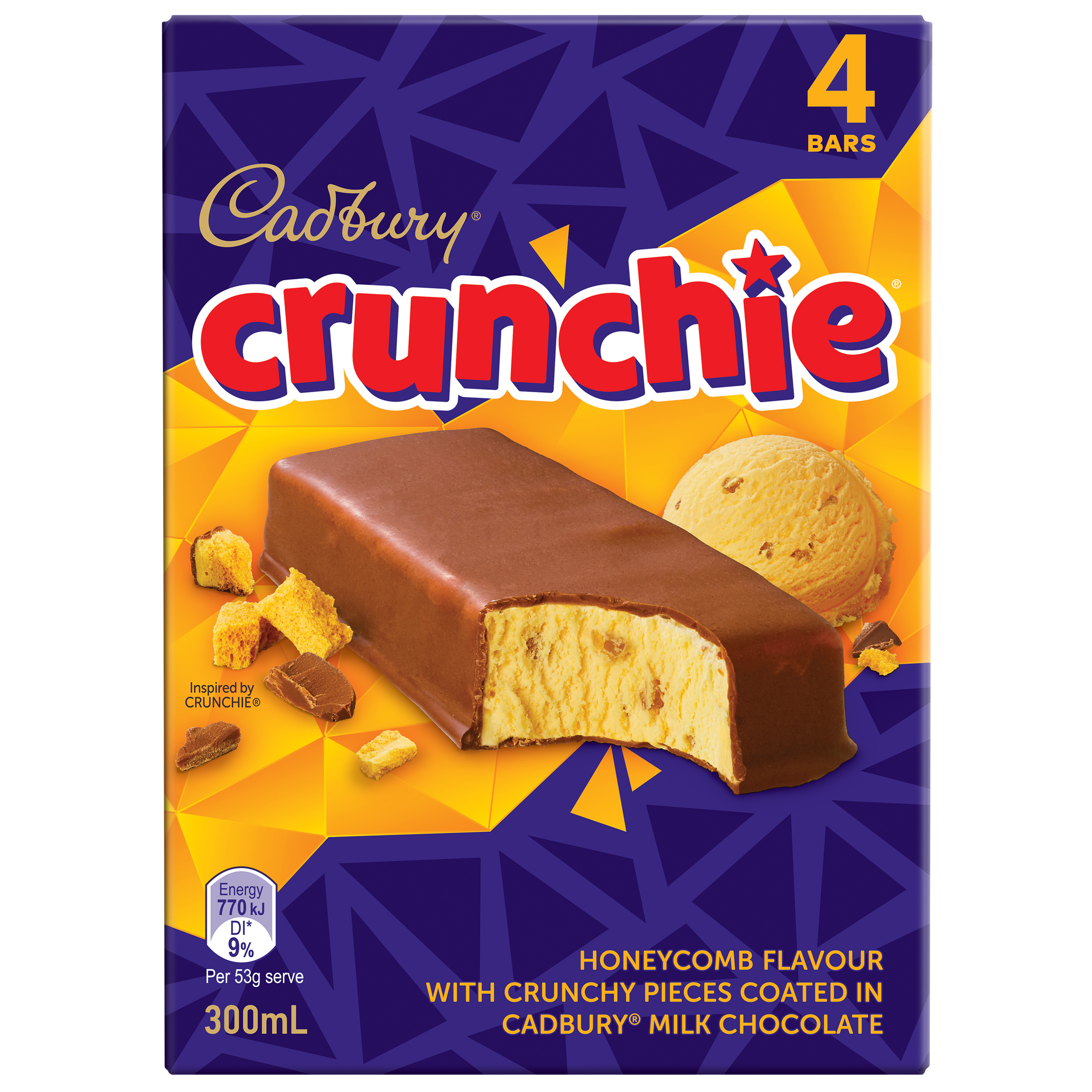 CADBURY Crunchie Ice Cream Bars 4 Pack 300mL pack
