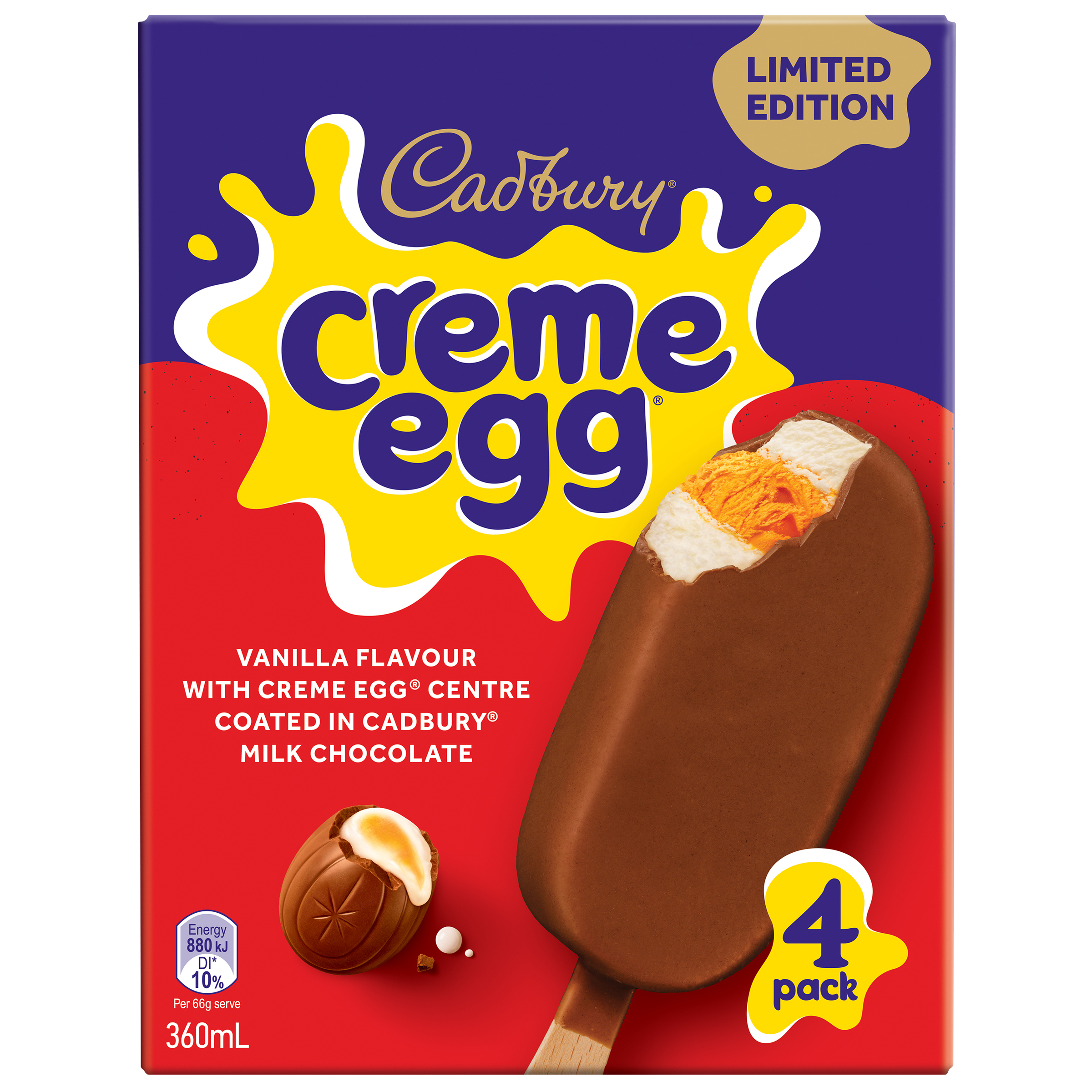 CADBURY Crème Egg Ice Cream Sticks 4 Pack 360mL pack