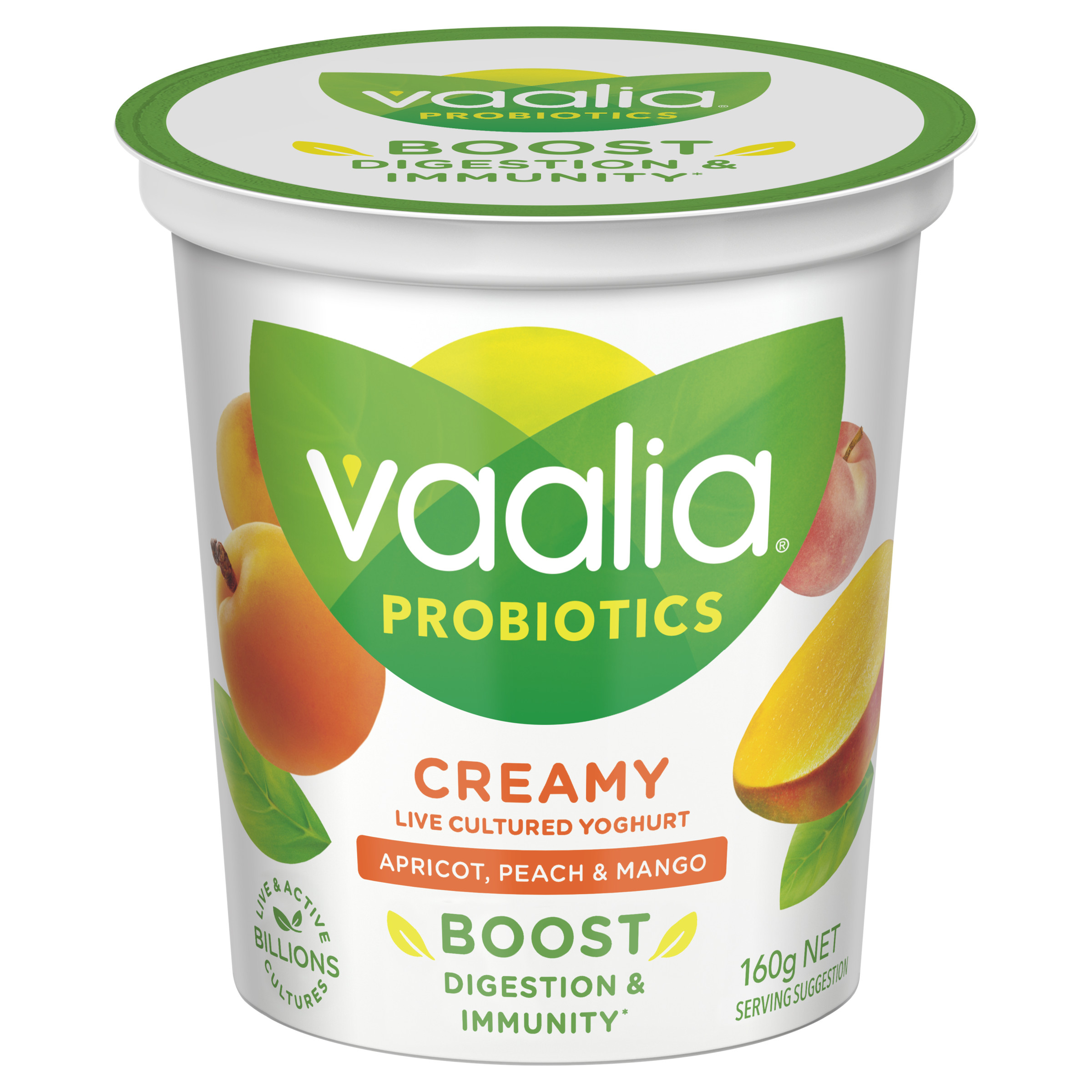 Vaalia Probiotic Apricot, Peach & Mango Yoghurt 160g pack