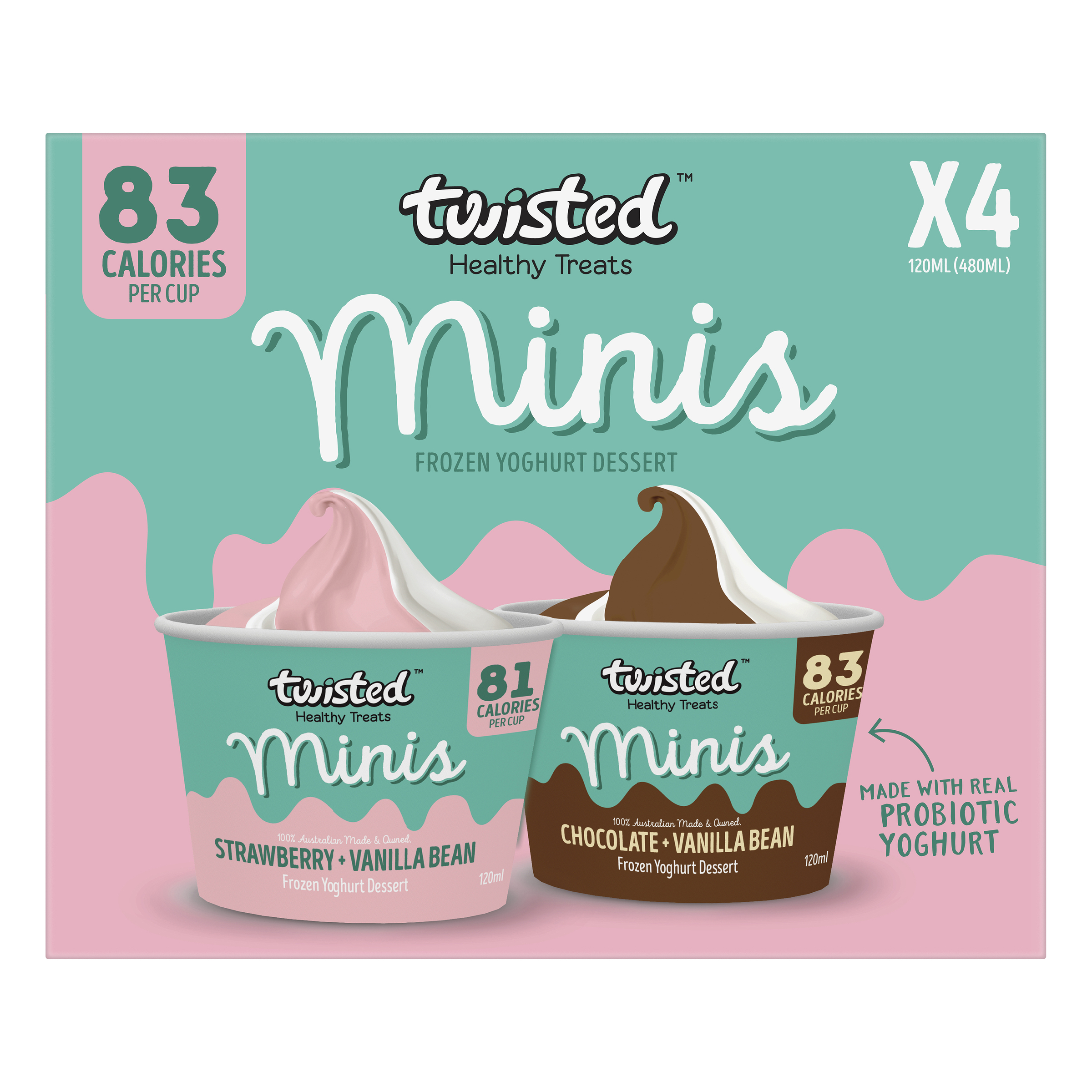 Twisted Minis Frozen Yoghurt Strawberry & Vanilla Bean and Chocolate & Vanilla Bean 4 Pack 120mL pack
