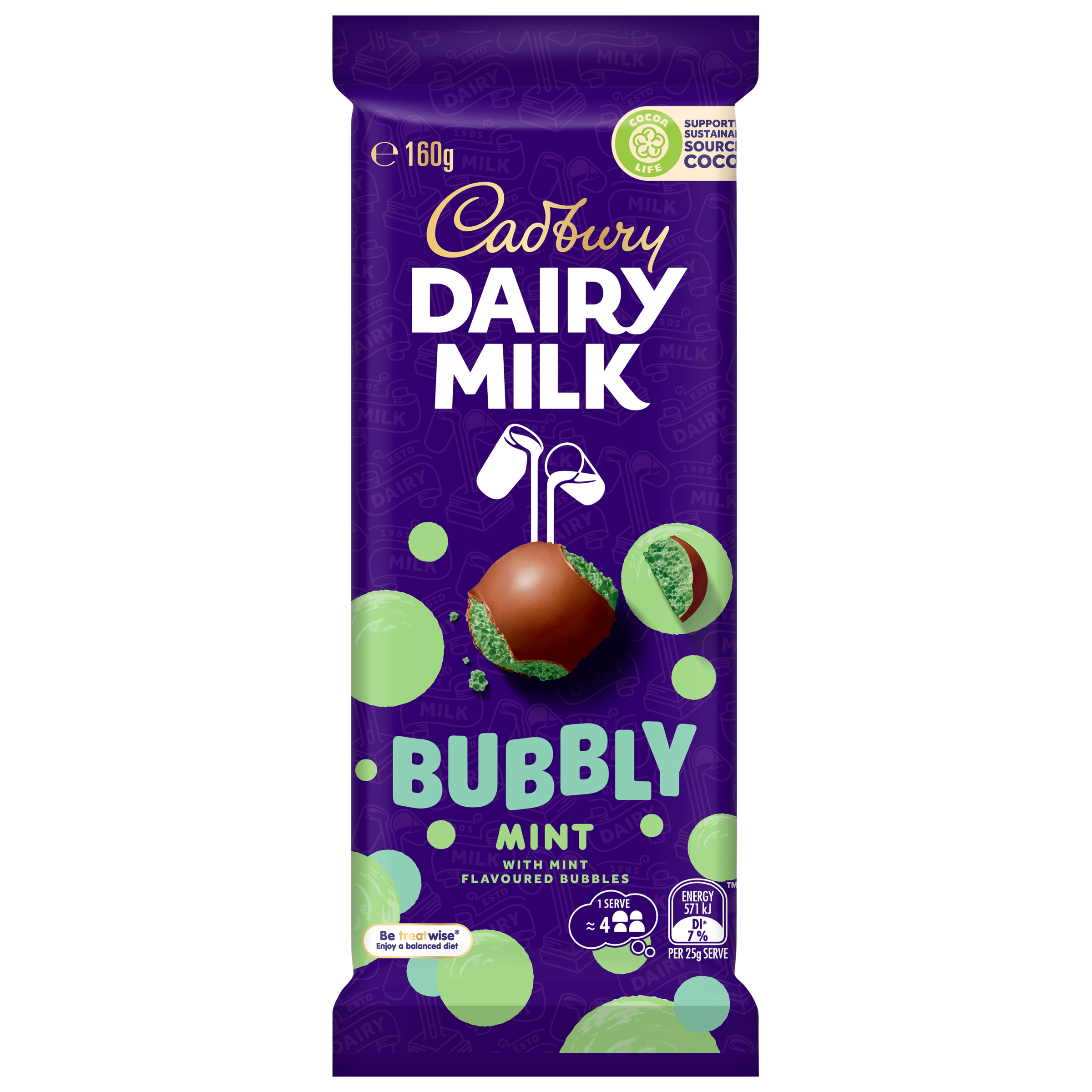Cadbury Dairy Milk Bubbly Mint milk chocolate block 160g pack
