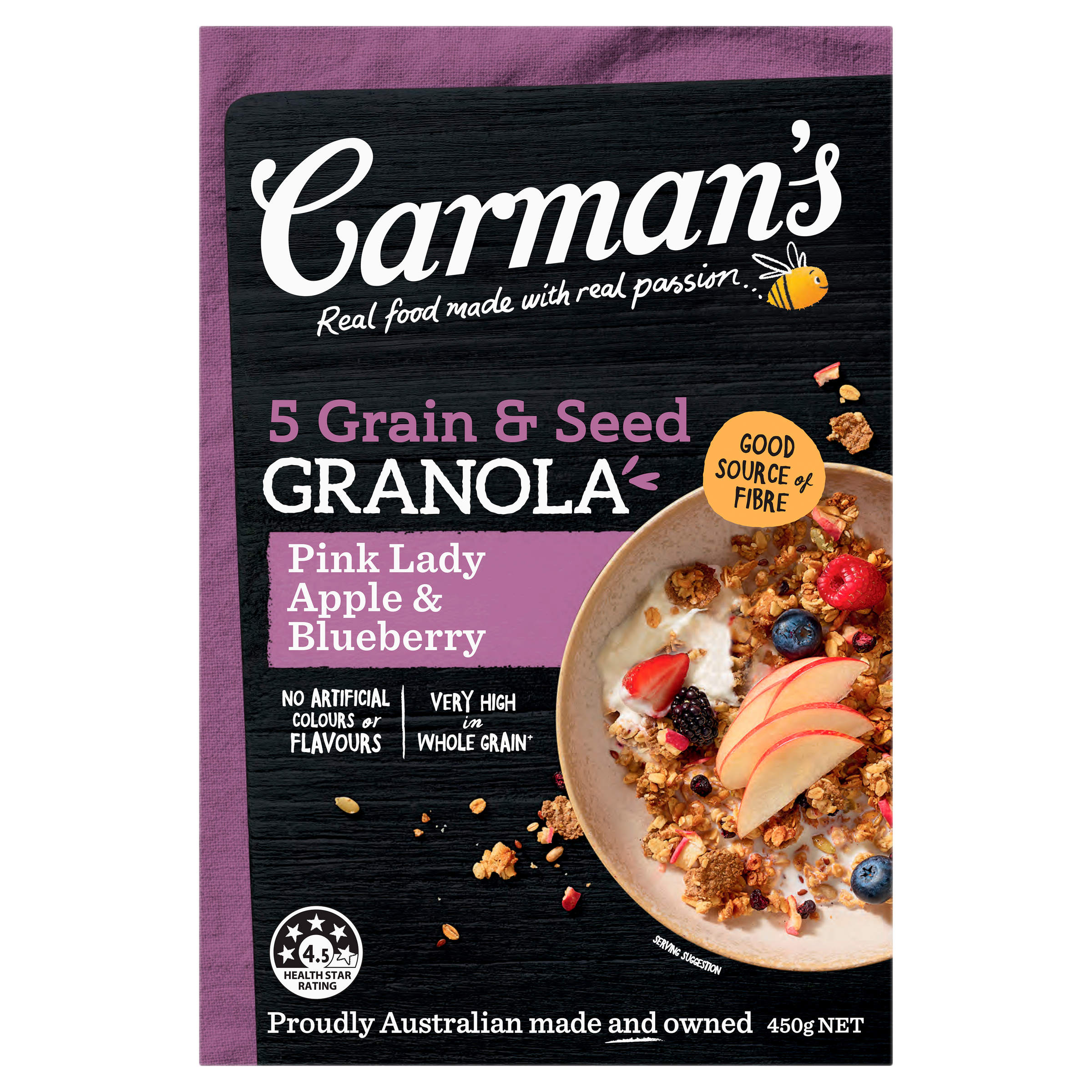 Carman's 5 Grain & Seed Granola Pink Lady Apple & Blueberry 450g pack