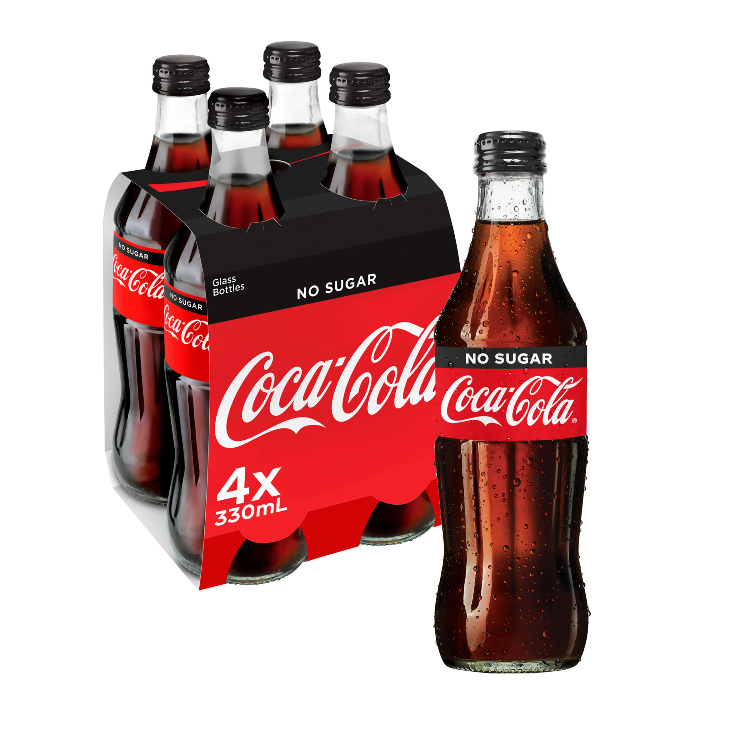 Coca-Cola No Sugar Soft Drink Multipack Glass Bottles 4 x 330mL pack